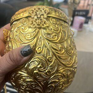 Ornate Vintage-Style Brass Clutch Bag | Golden Hand-Carved Metal Clutch Purse